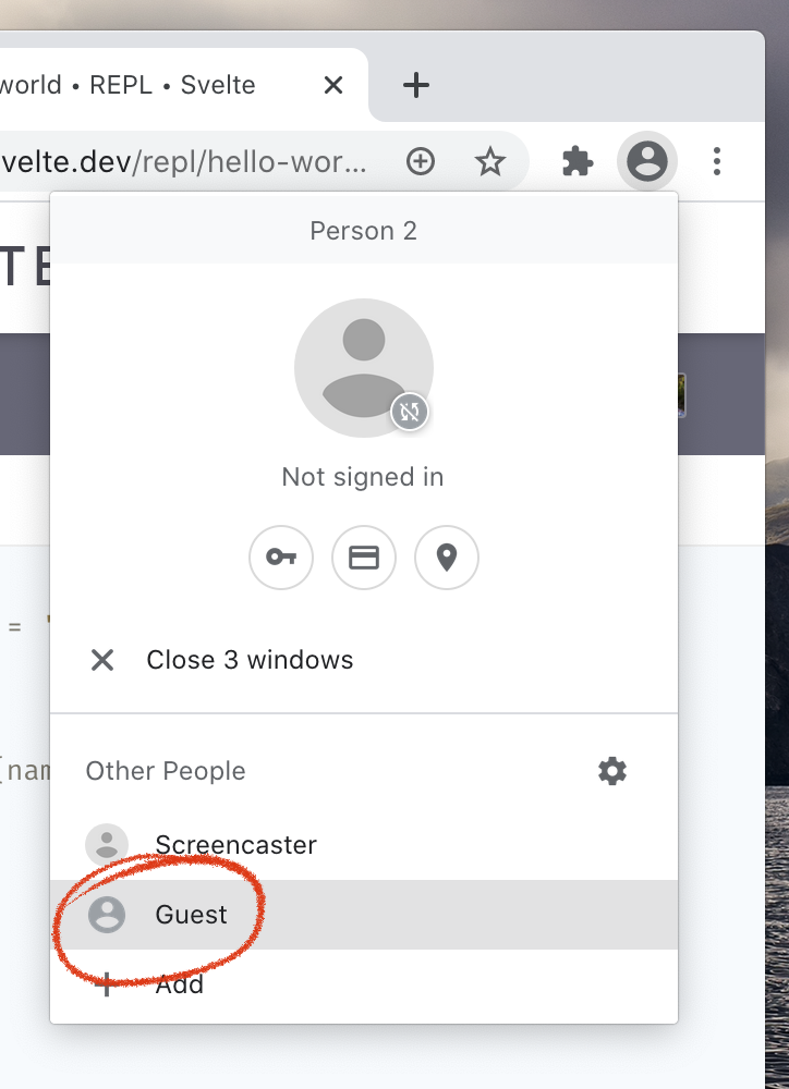 Choosing Guest from the Chrome Profile menu