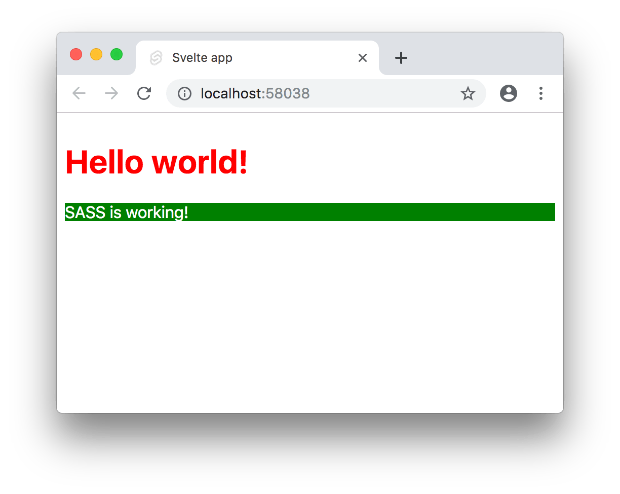 A web page with red Hello World and white text on a green background showing that SASS is enabled and working