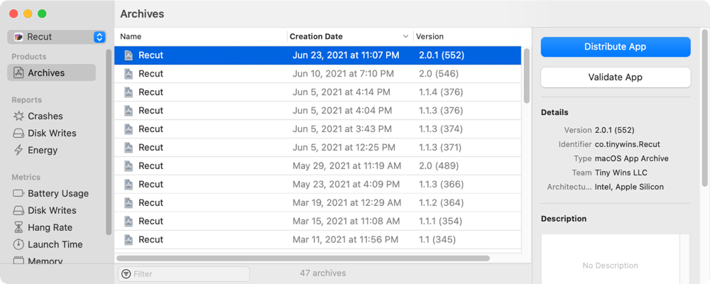 Xcode Organizer window showing available releases